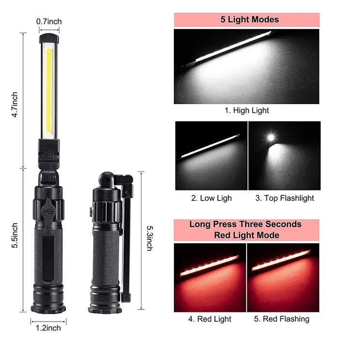 Lampe de travail pliable rechargeable lampe de poche LED ultra lumineuse avec lumière rouge 360 °   