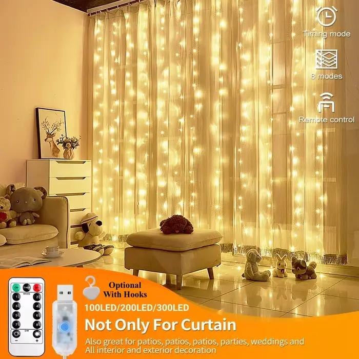 Rideau LED Guirlandes 3x1m lumière chaude télécommande chambre vacances mariage noël décoration fée 