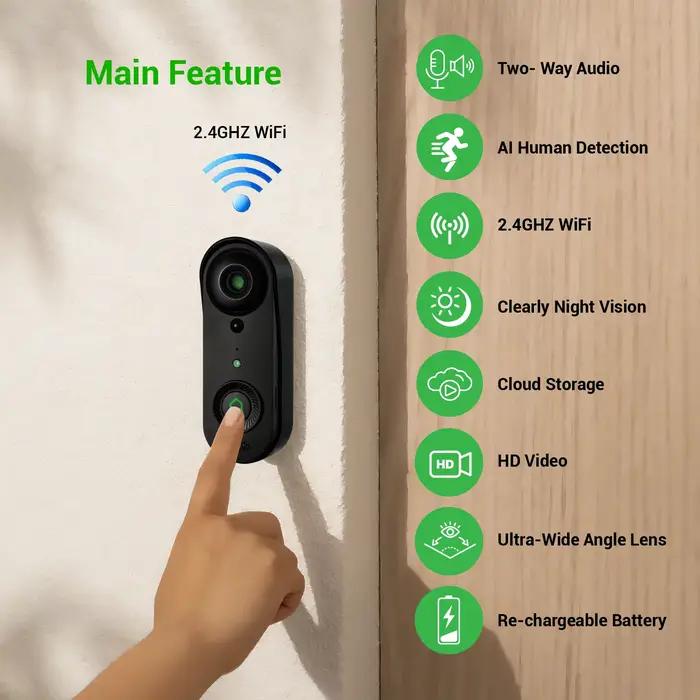 iCam365 APP Sonnette IP Wi-Fi 2MP 1080P à faible consommation, visiophone, caméra de porte avec sonn
