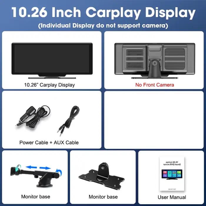 10.26 ''Tape Cam 4K voiture miroir lecteur vidéo sans fil Carplay Android Auto GPS voiture moniteur 