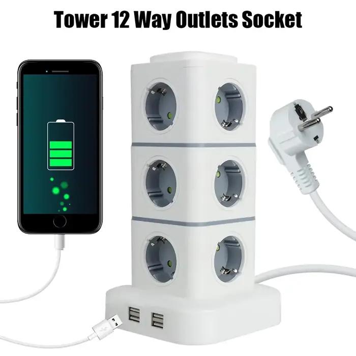 Multiprise tour 12 prises avec 4 ports USB, cordon d'extension 2,8 m, prise UE, protection contre le