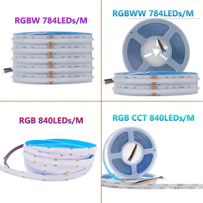 RGBCCT RGBW RGBWW RGB COB LED bande lumineuse 24V 840 784LED s/m haute densité bande Flexible réglab