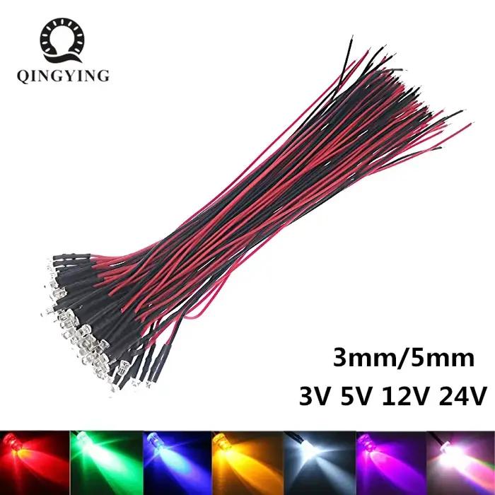 Diodes LED transparentes à l'eau, 50 pièces, 3V 5V 12V 24V DC 3mm 5mm, rouge/vert/bleu/jaune/UV/Oran