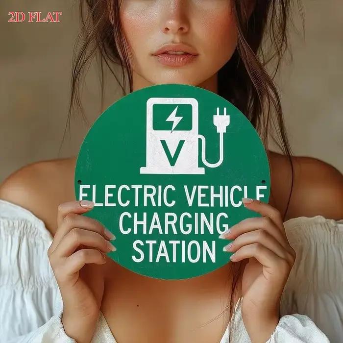 Panneau en métal HD, Station de recharge de véhicules électriques, Art mural rond en métal, Panneau 