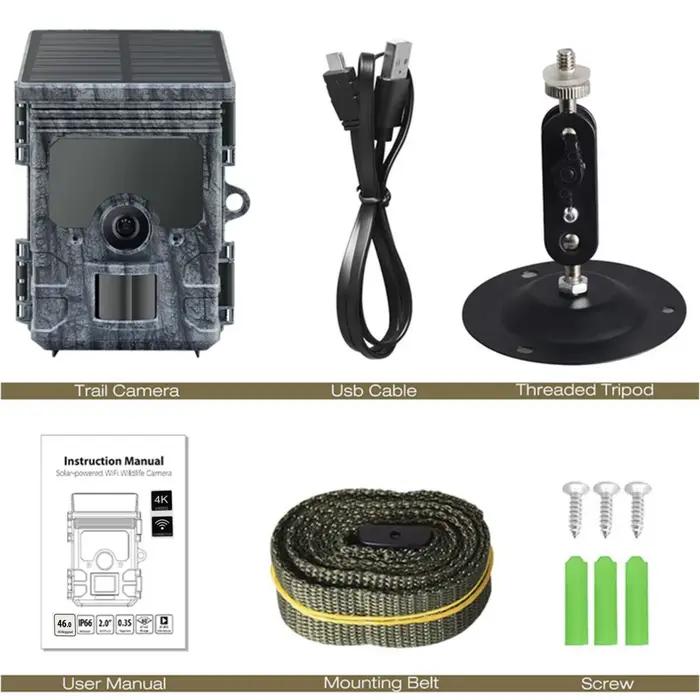 Caméra de chasse 4K WiFi panneau solaire alimenté caméra de traînée piège Vision nocturne étanche IP