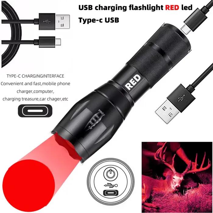Lampe de poche à lumière rouge Rechargeable de type c, torche tactique, lumière de chasse rouge à LE