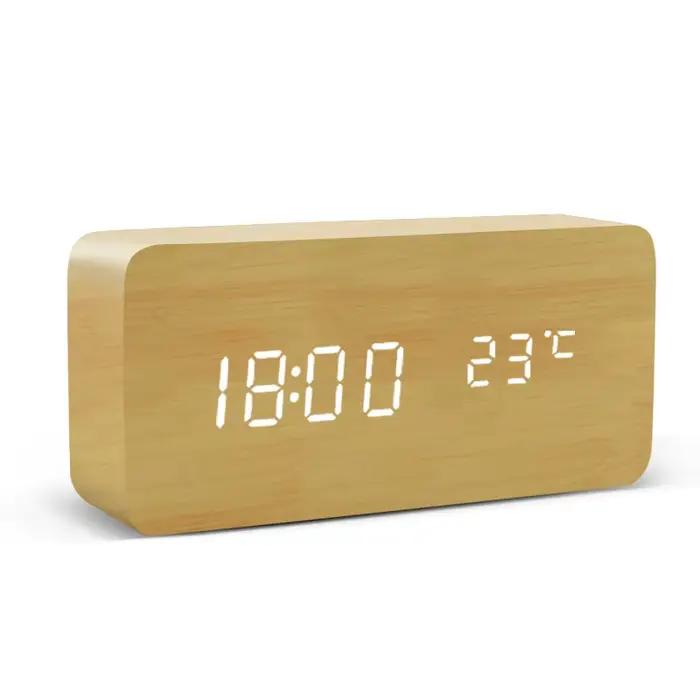 Réveil numérique en bois avec affichage LED, commande vocale, alimentation USB/AAA, horloge de burea