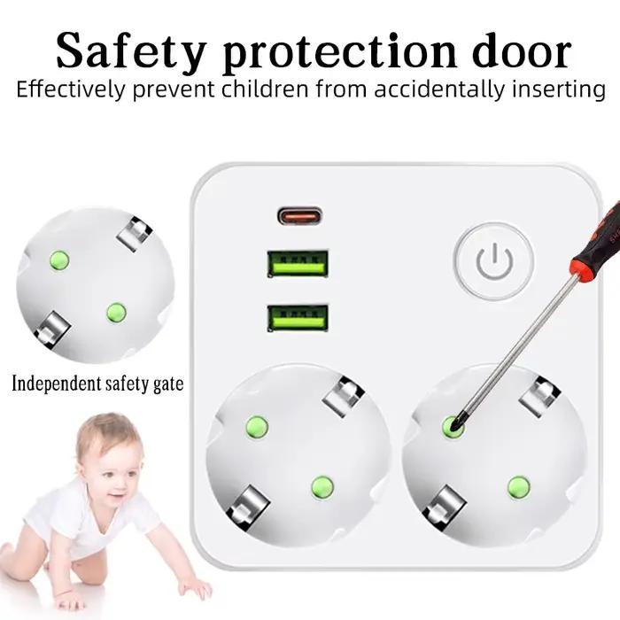Multiprise murale EU avec 2 ports USB et 1 port Type-C, 2500W