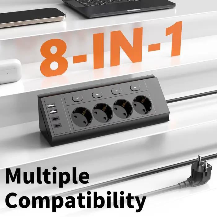 Multiprise d'angle de bureau européenne avec 4 interrupteurs indépendants et 4 ports USB pour charge rapide occasions professionnelles et personnelles