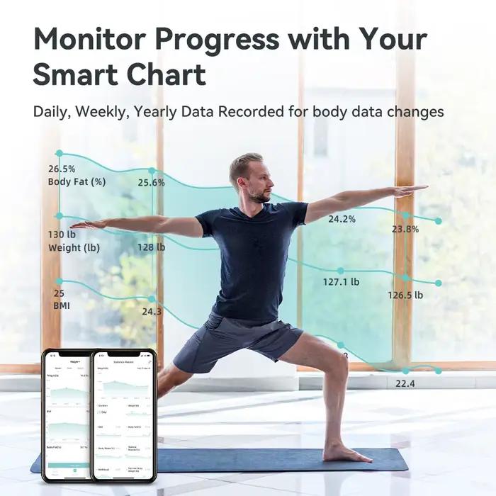 Balance de poids de graisse corporelle intelligente en verre trempé pour salle de bain avec application smartphone pour suivi de la santé quotidien hebdomadaire et annuel
