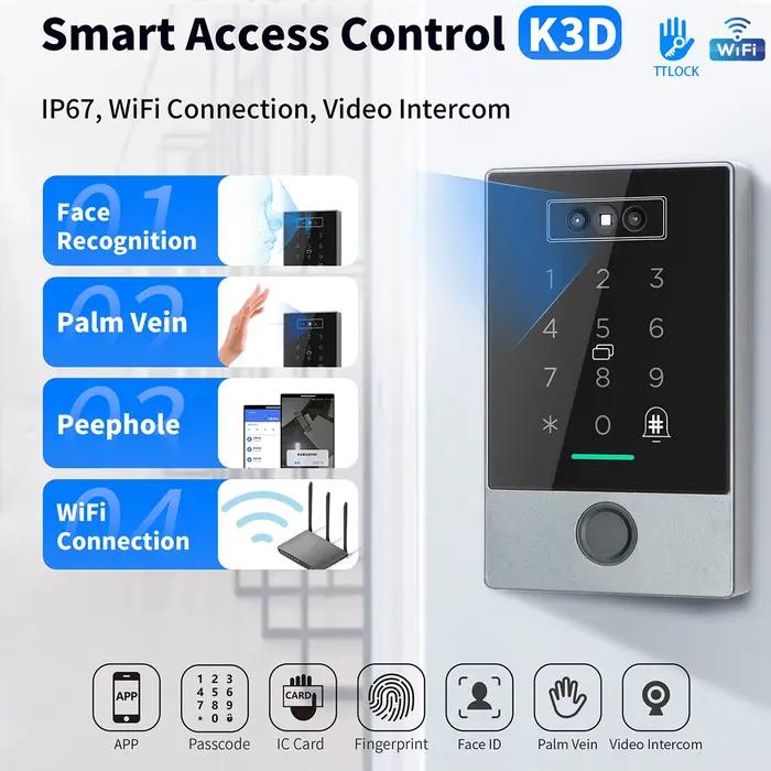 K3D TTLOCK WiFi vidéo sonnette interphone IP67 étanche RFID carte/empreintes digitales/Reconnaissance faciale/Palm Vien/PIN contrôle d'accès