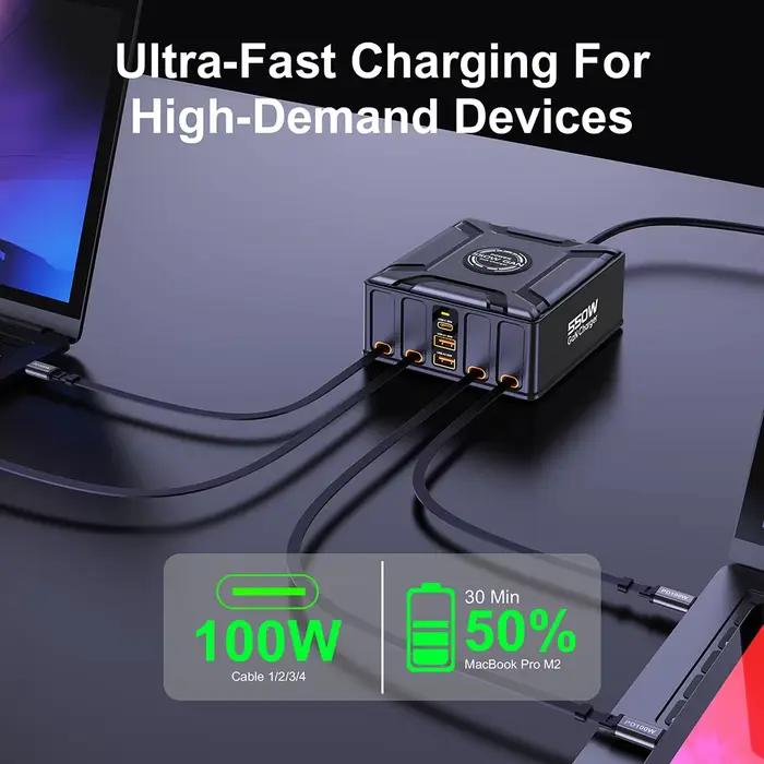 Station de charge 7-en-1 550W avec câble USB-C rétractable 100W pour MacBook Pro, iPhone 17, Samsung, ordinateur portable, tablette, charge rapide GaN, compatible avec divers appareils pour un bureau organisé et productif