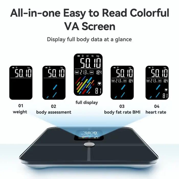 Balance de poids de graisse corporelle intelligente en verre trempé pour salle de bain avec application smartphone pour suivi de la santé quotidien hebdomadaire et annuel