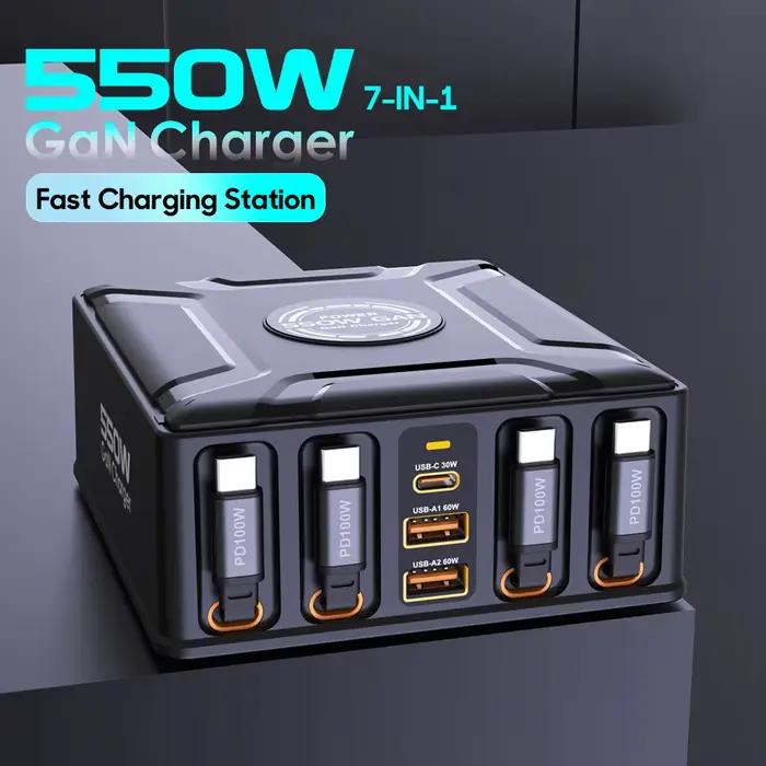 Station de charge 7-en-1 550W avec câble USB-C rétractable 100W pour MacBook Pro, iPhone 17, Samsung, ordinateur portable, tablette, charge rapide GaN, compatible avec divers appareils pour un bureau organisé et productif