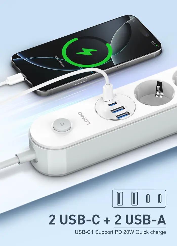 LDNIO français Extension électrique 2M bande d'alimentation Multiple sortie d'extension européenne de la règle de prise