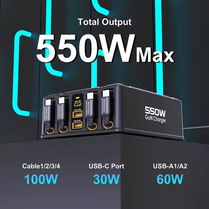 Station de charge 7-en-1 550W avec câble USB-C rétractable 100W pour MacBook Pro, iPhone 17, Samsung, ordinateur portable, tablette, charge rapide GaN, compatible avec divers appareils pour un bureau organisé et productif