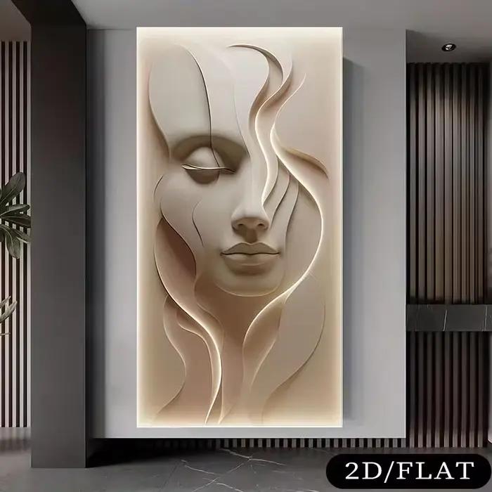 2D plat, 1 pièce grande peinture sur toile de visage abstrait moderne sans cadre-illusion 3D texturée ton rose doux