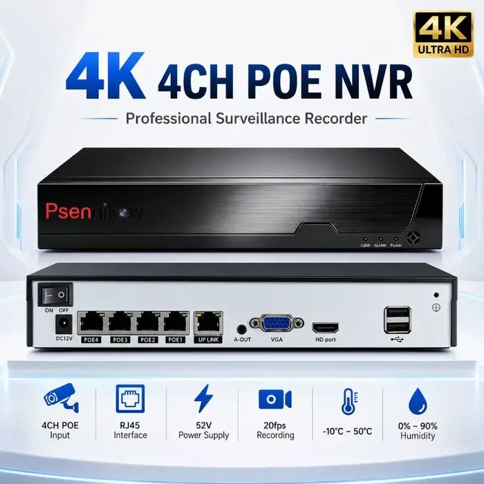 Système de surveillance vidéo CCTV intelligent Psennikow Tuya NVR H.265 4/8 canaux PoE 8MP avec enregistreur réseau et visualisation à distance