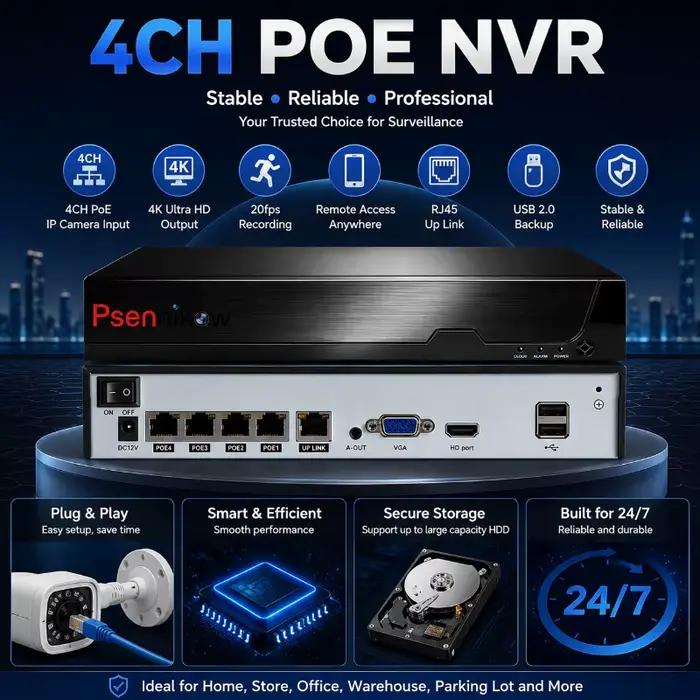 Système de surveillance vidéo CCTV intelligent Psennikow Tuya NVR H.265 4/8 canaux PoE 8MP avec enregistreur réseau et visualisation à distance