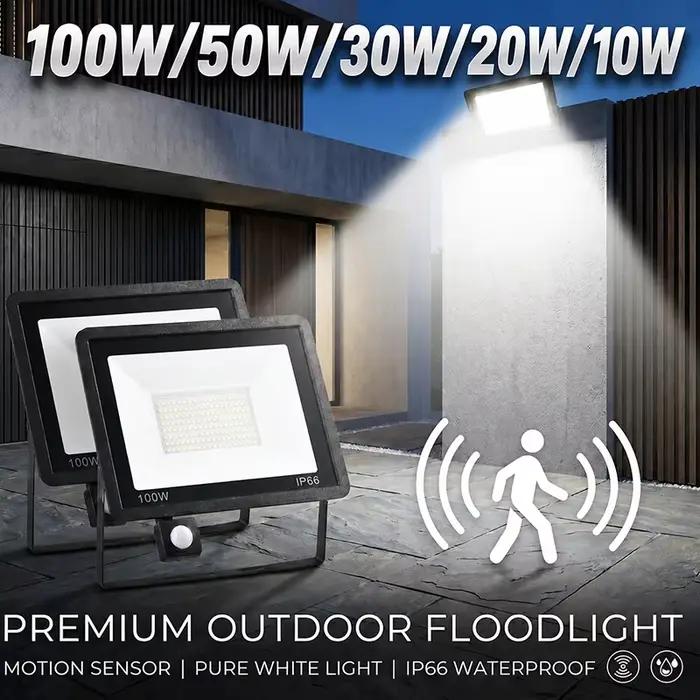 Projecteur LED à détecteur de mouvement 10W 20W 30W 50W 100W IP66 Étanche Allumage/Extinction automatique Économie d'énergie pour lampe de sécurité de jardin extérieur