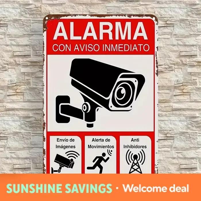 Panneau d'alarme pour caméra de sécurité - Plaque de surveillance avec texte en espagnol (ALARMA CON AVISO INmediato)