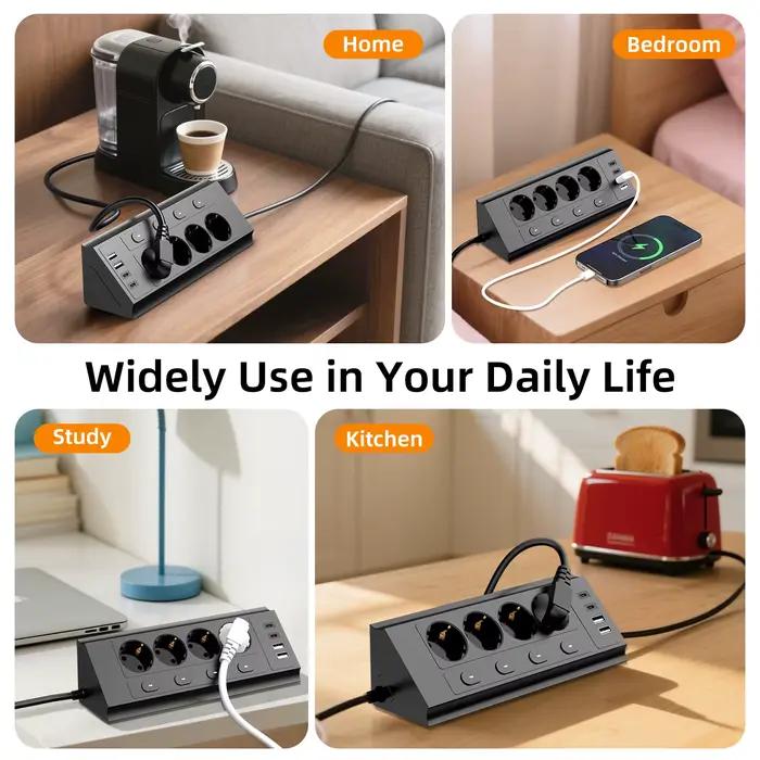 Multiprise d'angle de bureau européenne avec 4 interrupteurs indépendants et 4 ports USB pour charge rapide occasions professionnelles et personnelles