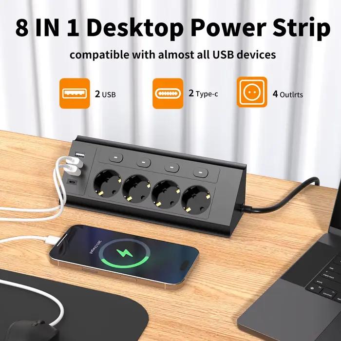 Multiprise d'angle de bureau européenne avec 4 interrupteurs indépendants et 4 ports USB pour charge rapide occasions professionnelles et personnelles