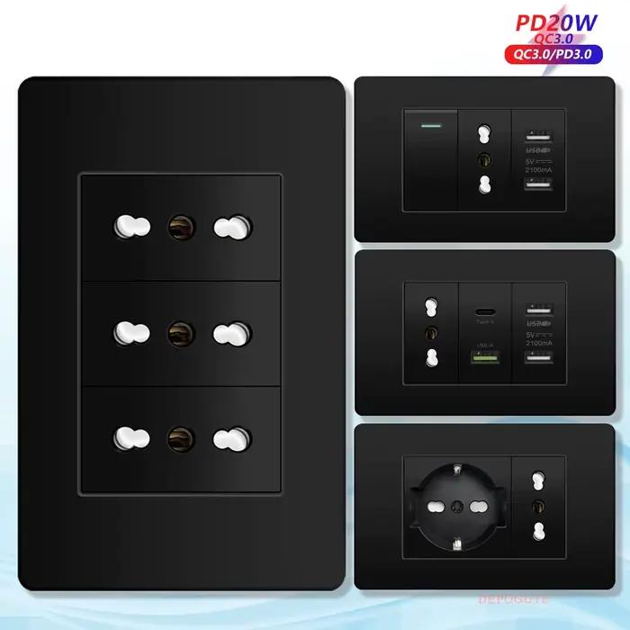 Prise de courant noire italie chili avec USB intelligente type-c charge rapide