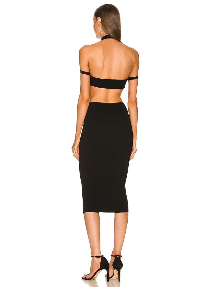 Robe à bandes mi-longue découpée pour femmes, col en V, sans manches, dos nu, moulante, épaules dénu