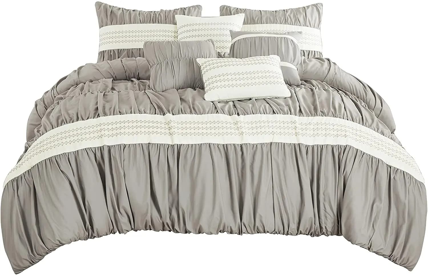 Ensemble de couette Queen de luxe gris, microcarence rayée, polyester, 7 pièces