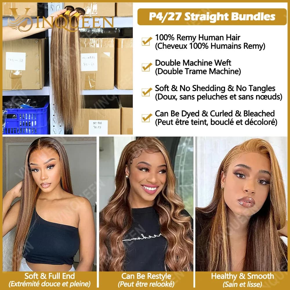 Highlight Tissage Cheveux Humains P4/27 Meche Tissage Humain Hair 12A Tissage Brésilien Raw Haïr Bun