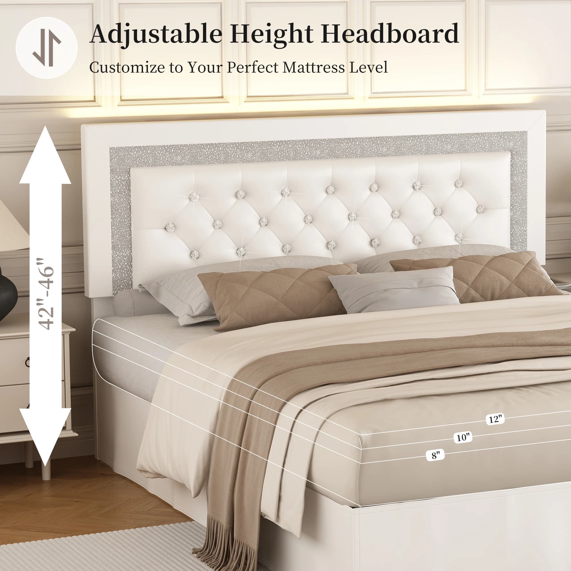 SIBEDS Cadre de lit queen avec lumières LED, tête de lit réglable, revêtement en lin capitonné, jupe