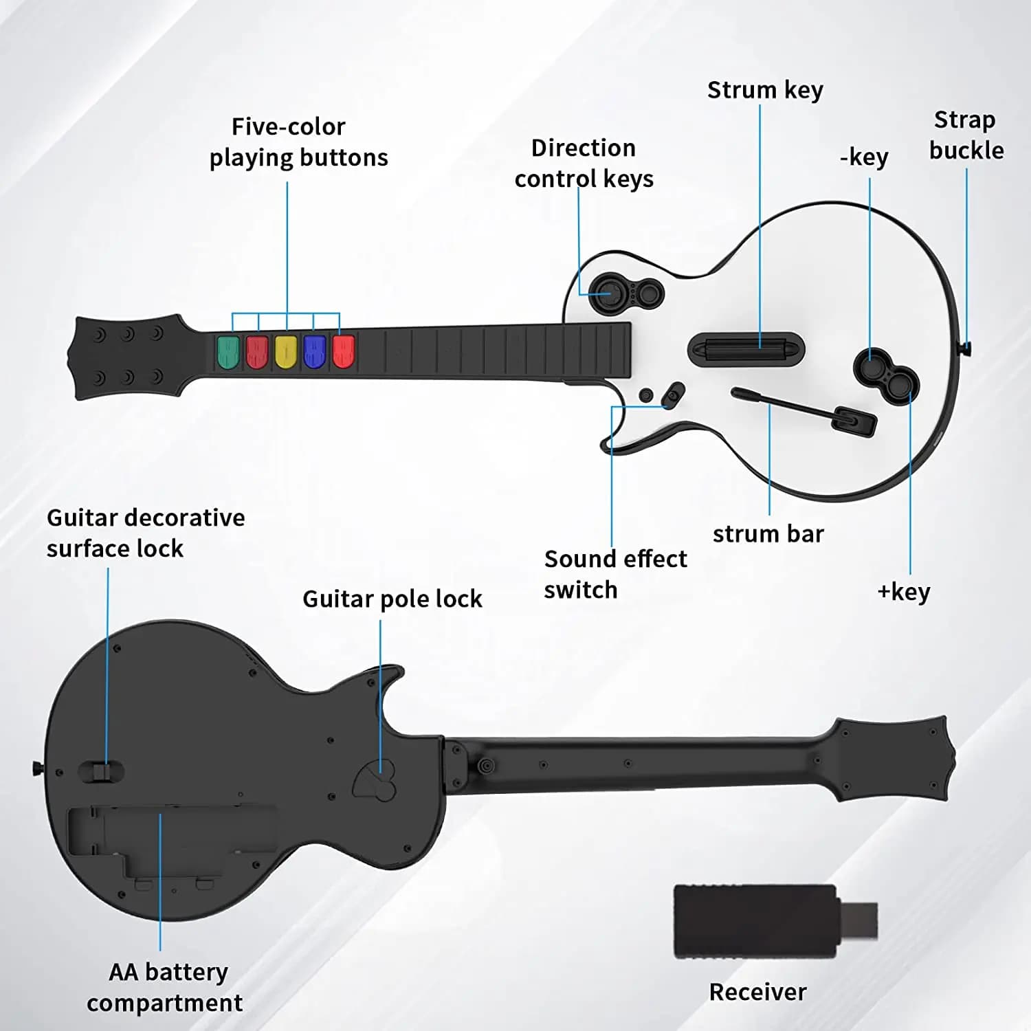 Manette sans fil Guitar Hero pour PC PS3 compatible avec les jeux Clone Hero Rock Band, joystick de 