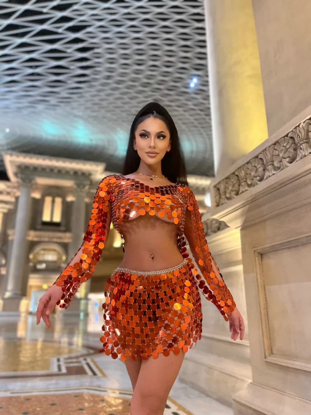 Haut court à manches longues et Mini jupe pour femme, tenue de soirée à paillettes, Orange, Sexy, 2 