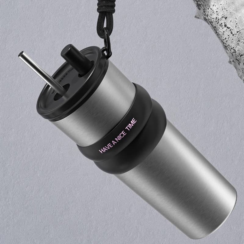 Bouteille isolée sous vide en acier inoxydable avec paille, Thermos anti-fuite pour chaud et froid, 