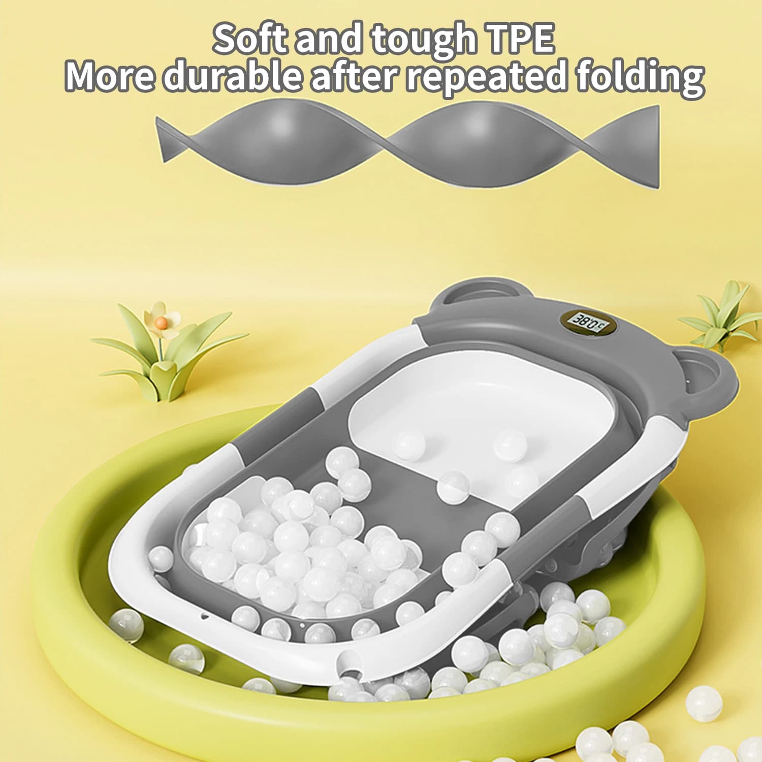 Baignoire pliable pour bébé avec thermomètre, tapis de bain antidérapant, Support de coussin, baigno