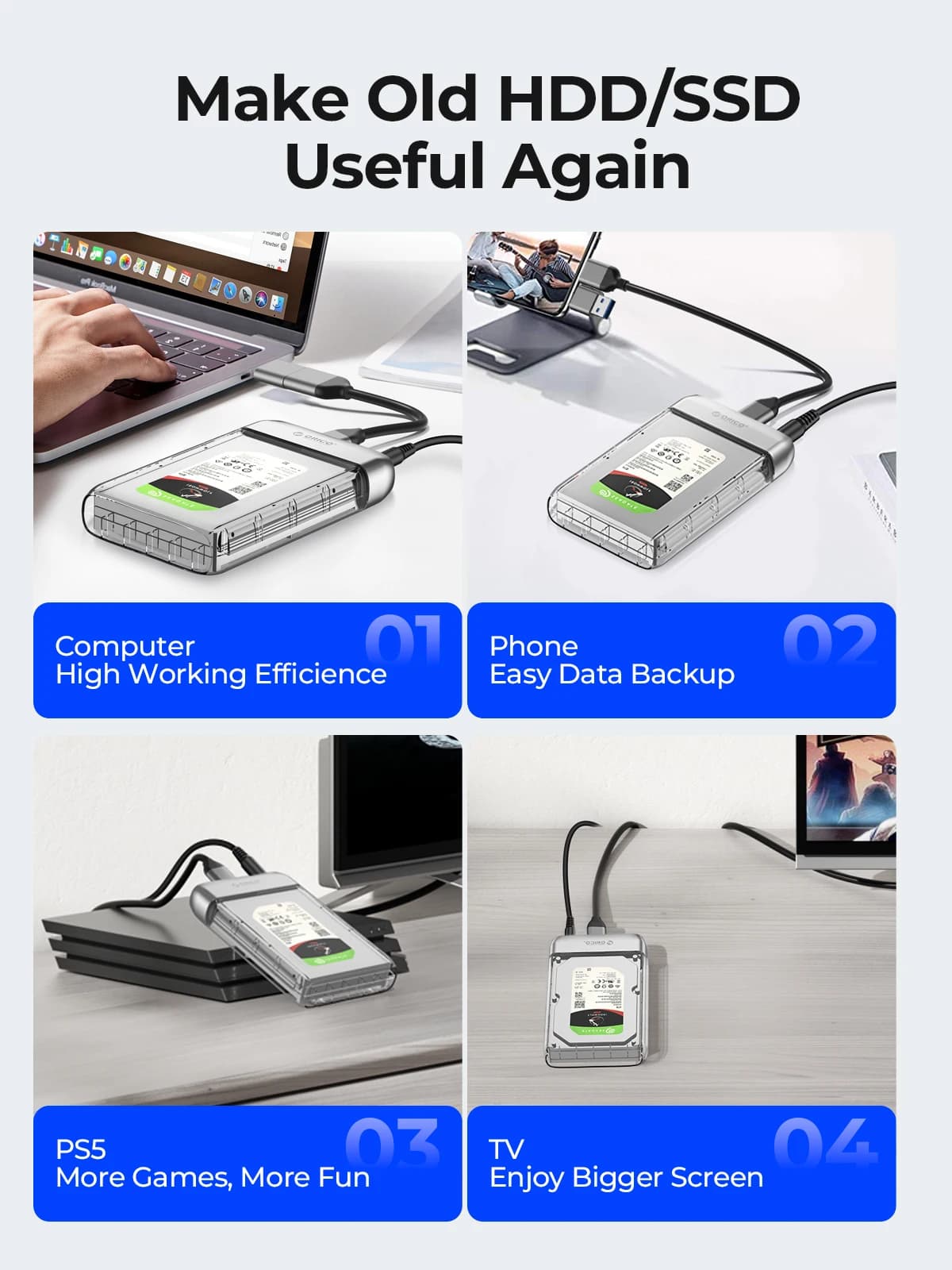 ORICO-Boîtier de disque dur transparent de type C, boîtier de disque dur en métal, prise en charge d