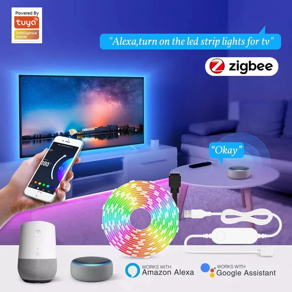 Bande lumineuse LED USB Tuya Zigbee, rétroéclairage Smart TV, 3.0 RVB, RGBW, ruban LED USB, 5V, fonc