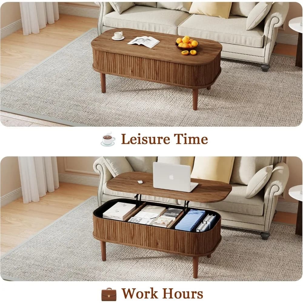Table basse relevable cannelée avec rangement dissimulé, table basse ovale avec plateau relevable, d