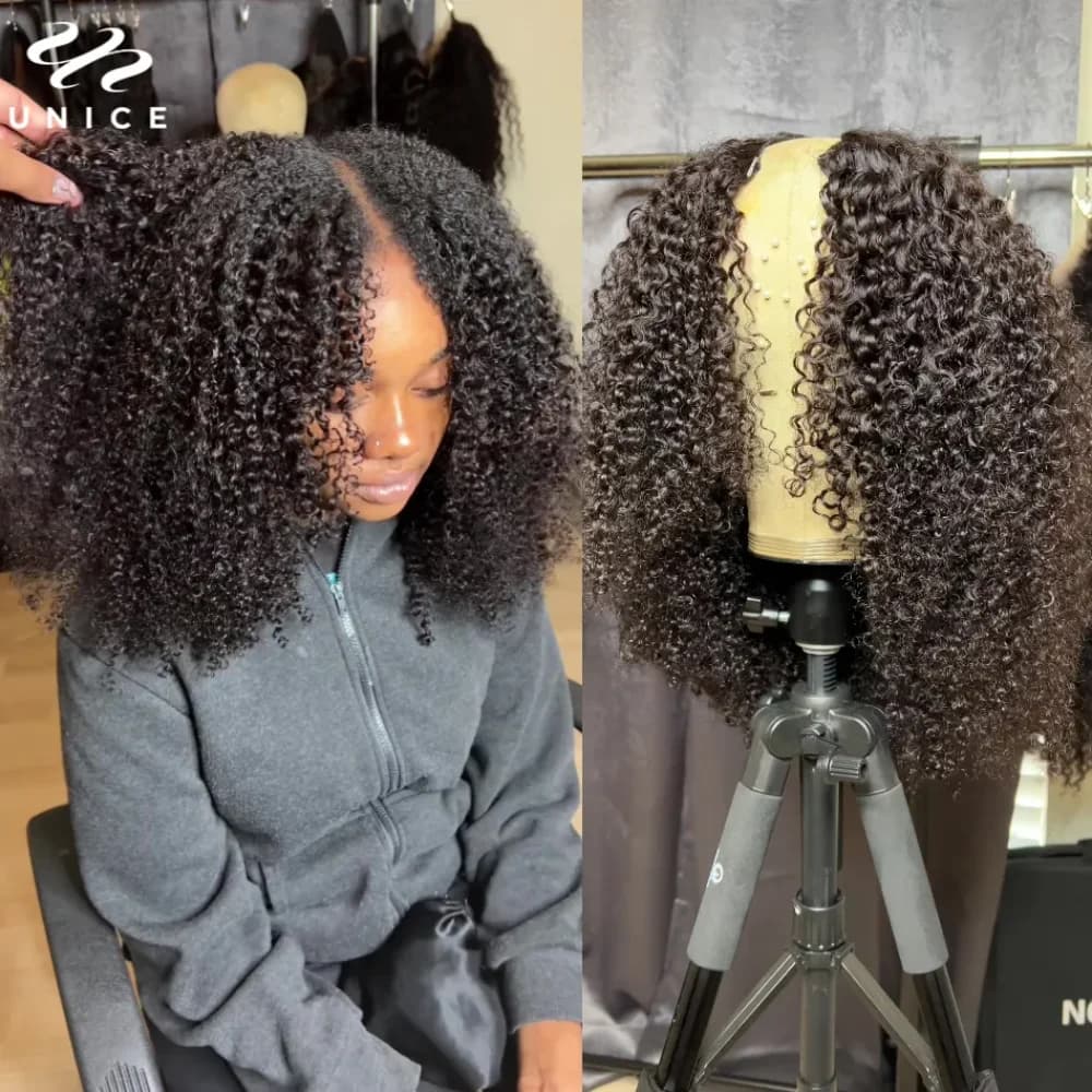 UNice crépus bouclés V partie perruque avec cordon 100% perruques de cheveux humains débutant adapté