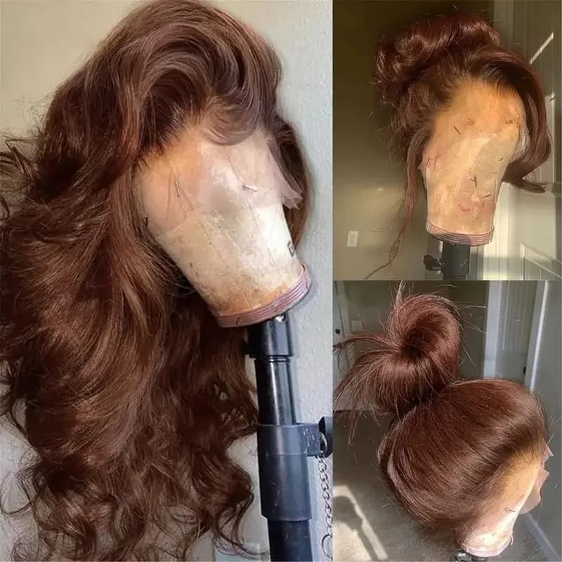 Perruque frontale HD sans colle de 34 pouces, en cheveux humains vierges brésiliens, couleur brun ch