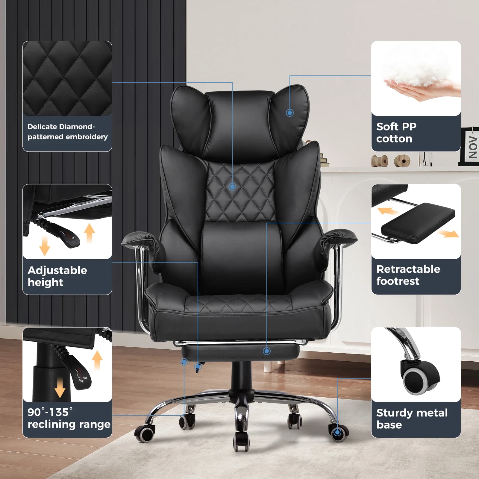 Grande et grande chaise de jeu avec support lombaire à ressorts ensachés, chaise de bureau ergonomiq