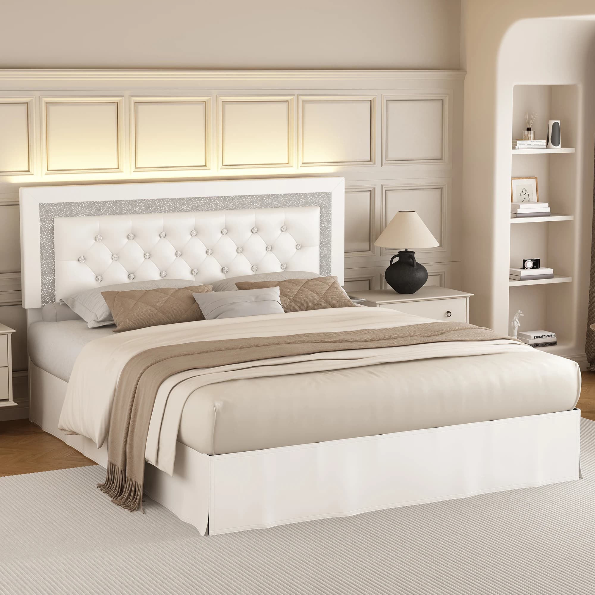 SIBEDS Cadre de lit queen avec lumières LED, tête de lit réglable, revêtement en lin capitonné, jupe