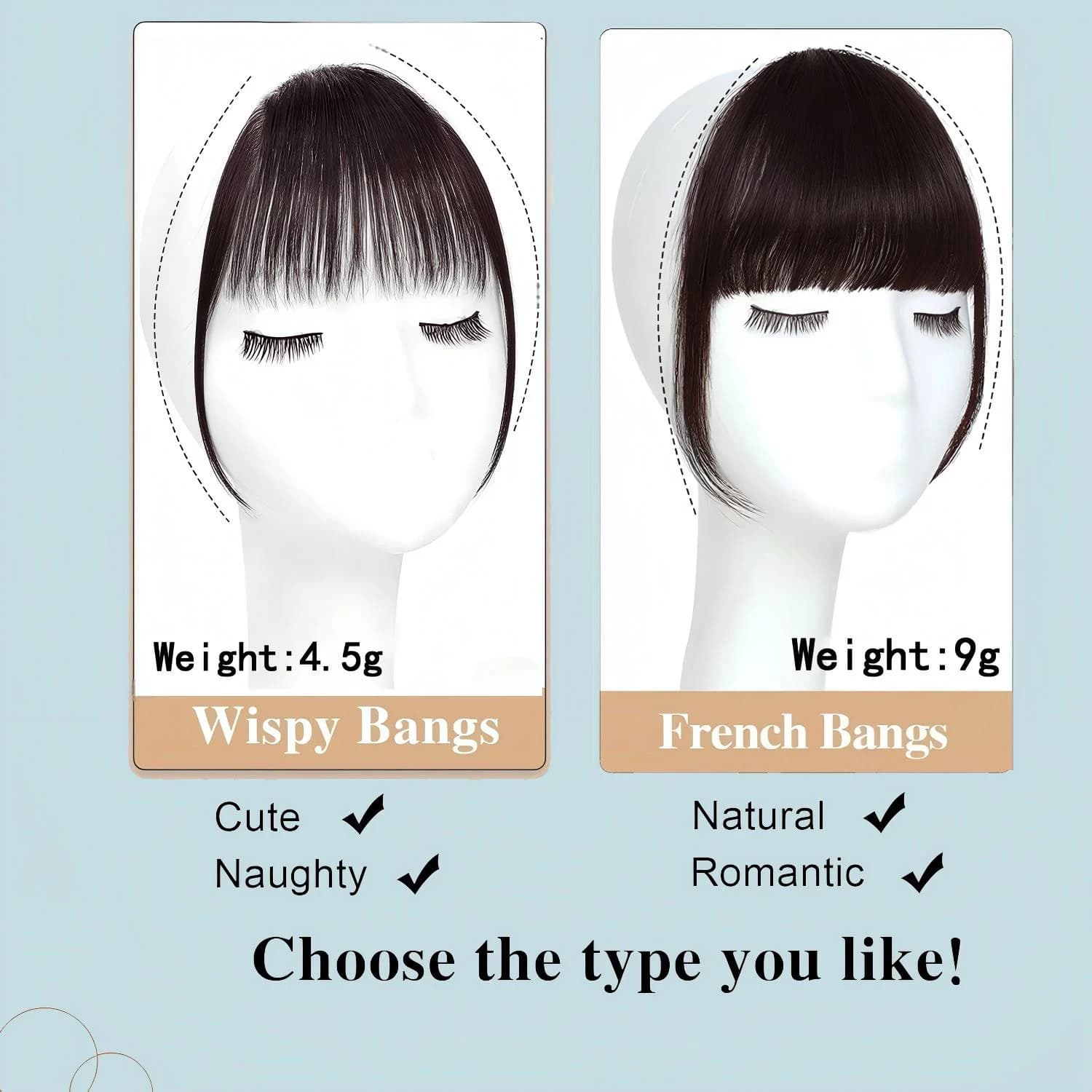 Frange française vaporeuse de cheveux humains avec des tempes, accessoires pour cheveux à frange inc