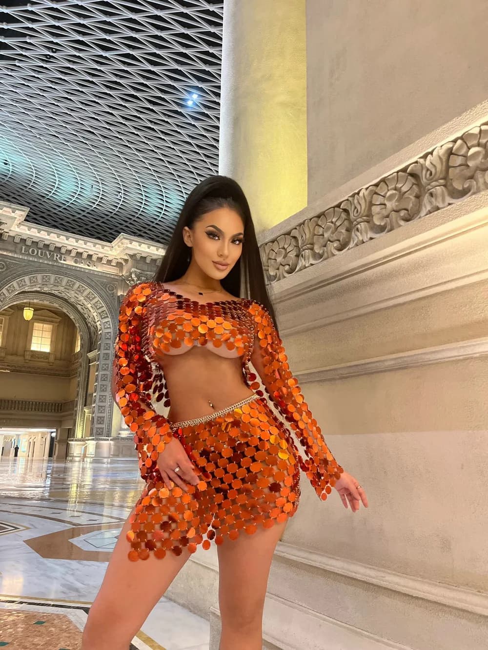 Haut court à manches longues et Mini jupe pour femme, tenue de soirée à paillettes, Orange, Sexy, 2 