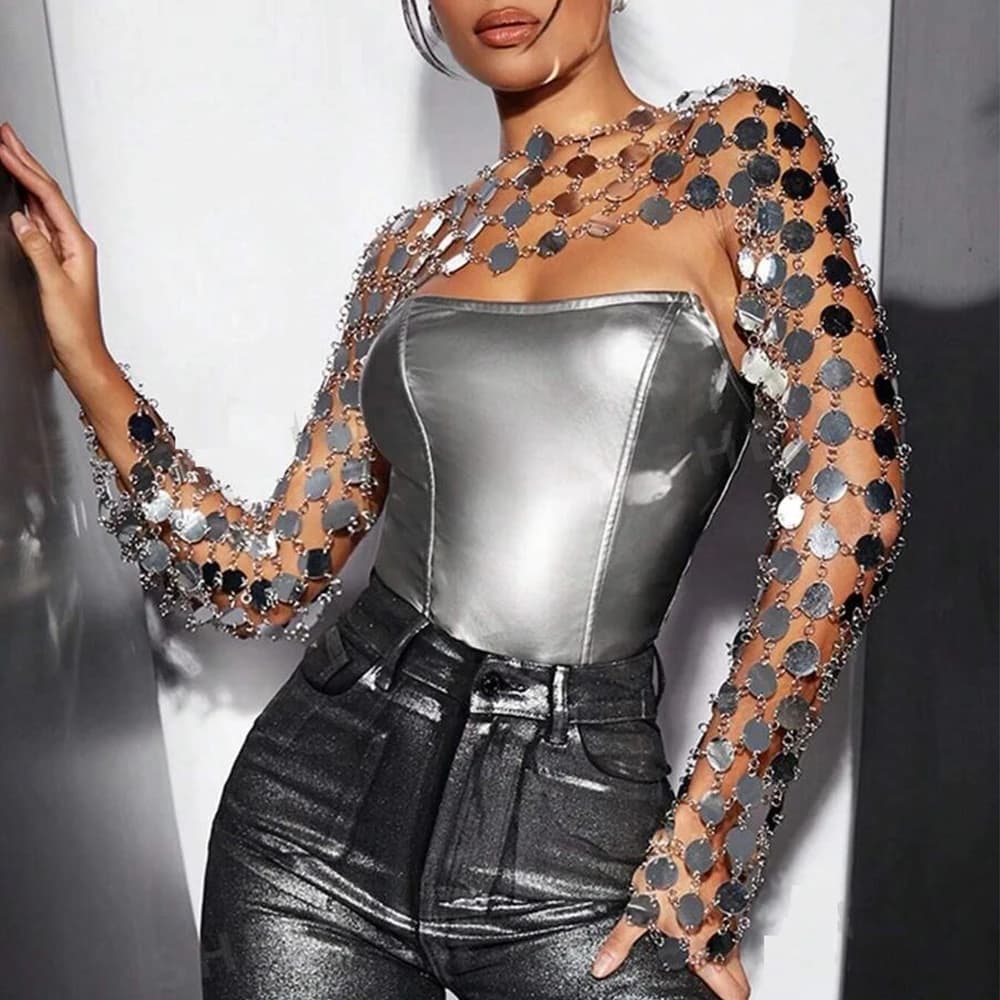 Haut à manches longues avec décor à paillettes pour femmes, haut métallique solide, magnifique festi