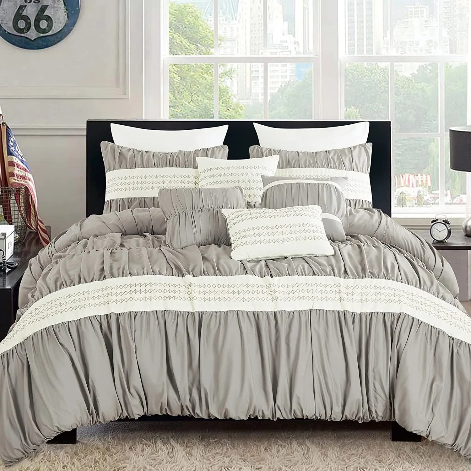Ensemble de couette Queen de luxe gris, microcarence rayée, polyester, 7 pièces