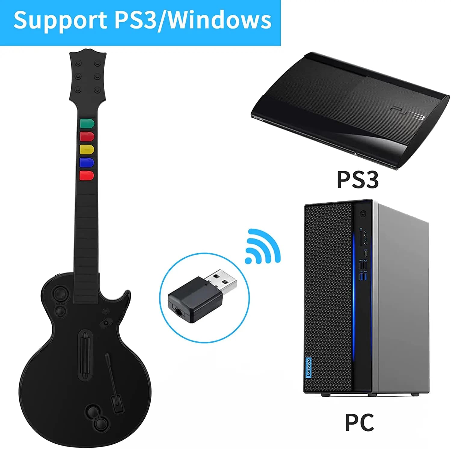Manette sans fil Guitar Hero pour PC PS3 compatible avec les jeux Clone Hero Rock Band, joystick de 