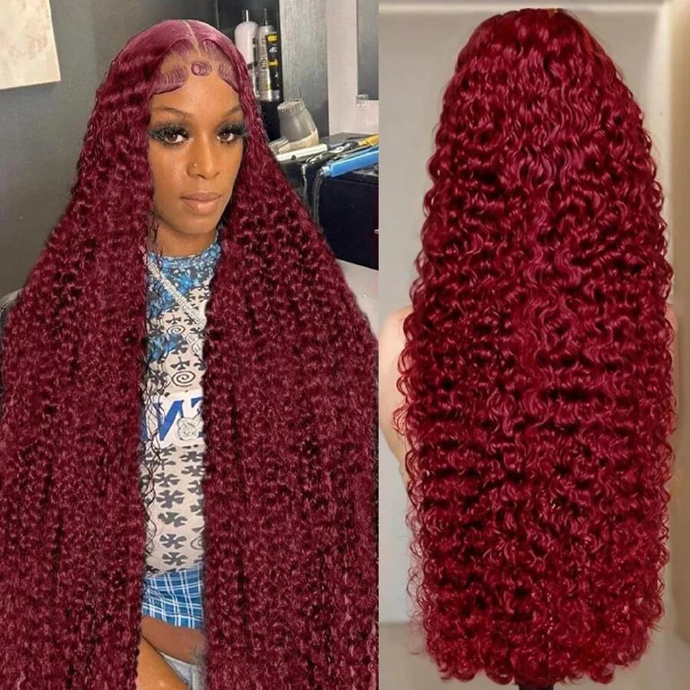 250% densité 99J 13x4 HD dentelle avant perruques de cheveux humains bordeaux 34 pouces vague profon