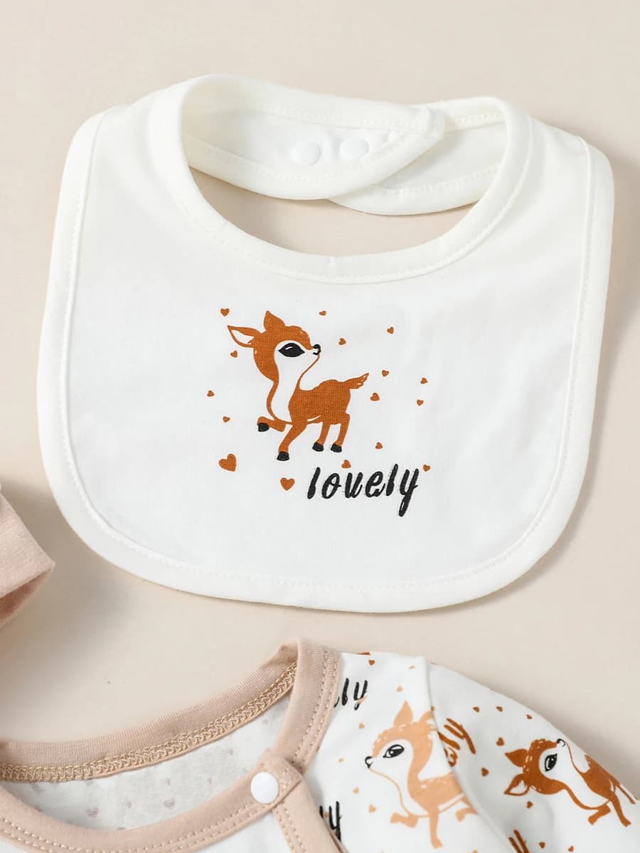 4 pièces bébé unisexe à manches longues col rond imprimé Animal avec bouton combinaison décontractée